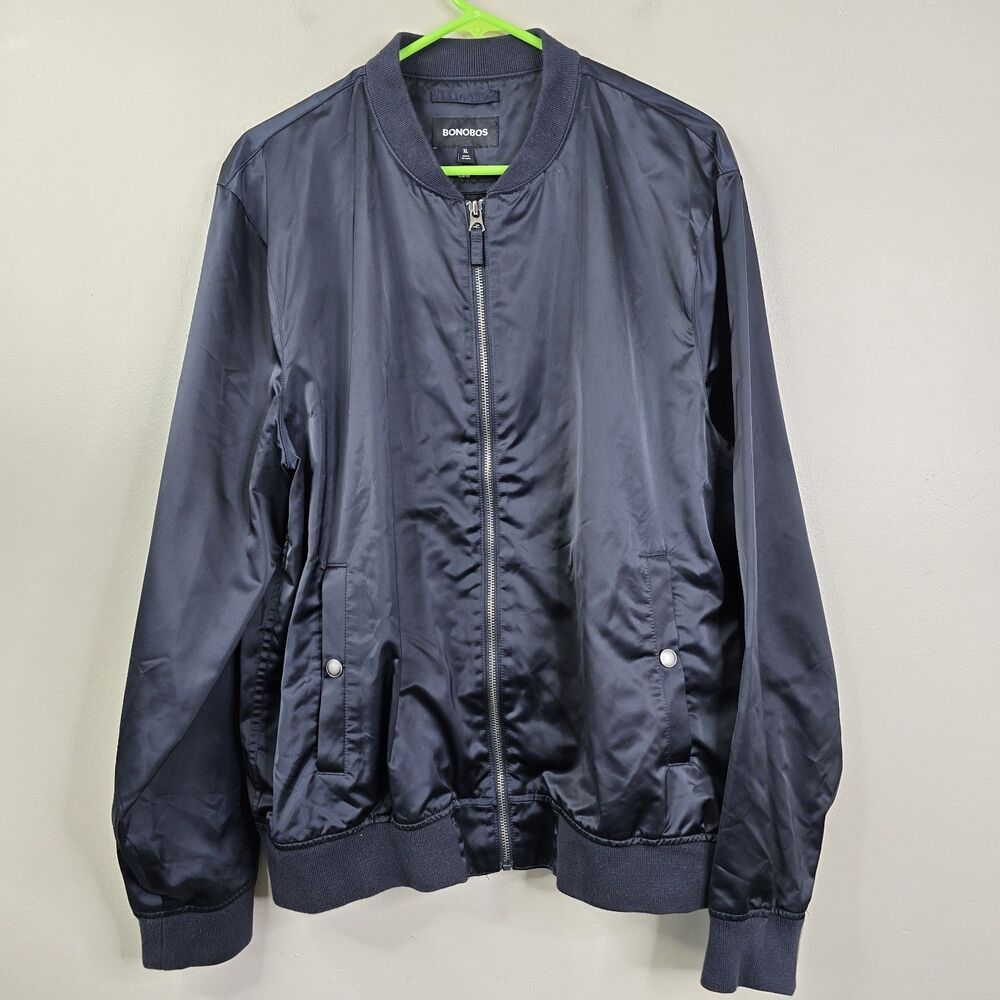 Bonobos Mens Slim Fit Dark Blue Full Zip Satin 2 Pocket Bomber Jacket XL
